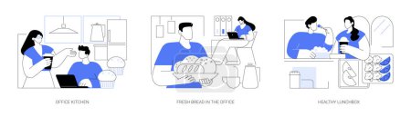 Illustration for Lunchtime at work isolated cartoon vector illustrations set. Office kitchen, fresh bread in a smart office, healthy lunchbox, modern workplace nutrition, colleagues eating together vector cartoon. - Royalty Free Image