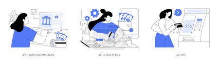 Illustration for Plastic card holder isolated cartoon vector illustrations set. Open bank account online using laptop, get a card by mail, use ATM, money management, financial literacy vector cartoon. - Royalty Free Image