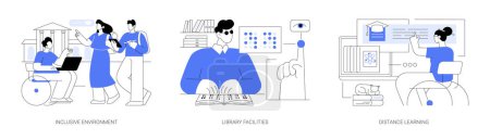Illustration for Accessibility and inclusion in education isolated cartoon vector illustrations set. Inclusive environment, library facilities, university distance learning, special education process vector cartoon. - Royalty Free Image