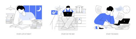 Illustration for Preparing for exams isolated cartoon vector illustrations set. Study late at night, prepare for college classes on the way, nerd student study hard, pile of books, make homework vector cartoon. - Royalty Free Image