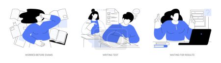 Illustration for College exams isolated cartoon vector illustrations set. Worries before exams, students writing test, waiting for results, knowledge check assessment, stressful student life vector cartoon. - Royalty Free Image