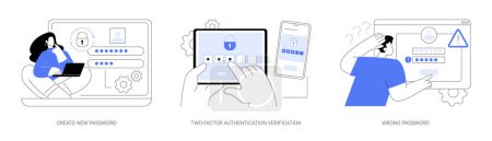 Illustration for Password management isolated cartoon vector illustrations set. Man with laptop create password, two-factor authentication verification, wrong login info, access blocked, data loss vector cartoon. - Royalty Free Image