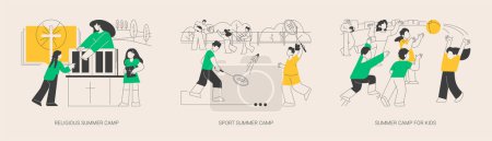 Illustration for Active summertime abstract concept vector illustration set. Religious summer camp, sport summer camp, online virtual program, meet new friends, scout camping, socializing abstract metaphor. - Royalty Free Image