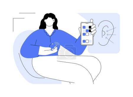 Illustration for Hearing aids with phone compatibility abstract concept vector illustration. Woman using phone and hearing aids, helping people with disabilities with bionics, deafness problem abstract metaphor. - Royalty Free Image