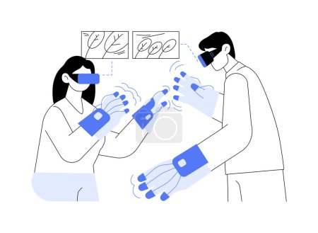 Illustration for Haptic gloves abstract concept vector illustration. Young couple wearing VR haptic gloves and smart glasses, virtual and augmented reality, modern technology, entertainment time abstract metaphor. - Royalty Free Image