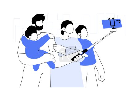 Téléchargez les illustrations : Selfie bâton concept abstrait illustration vectorielle. Famille heureuse avec des enfants prenant selfie à l'aide de bâton, technologie mobile, accessoires gadgets, détenant monopode, les gens style de vie métaphore abstraite. - en licence libre de droit
