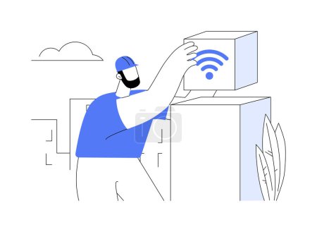 Téléchargez les illustrations : Public Wi-Fi services abstrait concept vectoriel illustration. Technicien professionnel installant des hotspots WI-FI publics, connexion réseau moderne, accéder à la métaphore abstraite d'Internet. - en licence libre de droit
