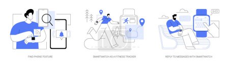 Illustration for Smartwatch features isolated cartoon vector illustrations set. Find phone feature, smartwatch as a fitness tracker, reply to messages with smartwatch, wireless connection vector cartoon. - Royalty Free Image