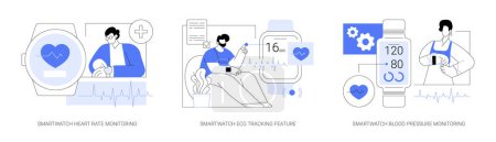 Téléchargez les illustrations : Smartwatch healthcare features isolated cartoon vector illustrations set. Smartwatch heart rate monitoring, ECG tracking feature, blood pressure monitoring with wearable devices vector cartoon. - en licence libre de droit