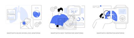 Ilustración de Smartwatch tecnologías sanitarias aisladas ilustraciones vectoriales de dibujos animados conjunto. Smartwatch nivel de oxígeno en sangre y el control de la temperatura corporal, control de la respiración con wearables vector de dibujos animados. - Imagen libre de derechos