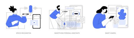 Illustration for Artificial Intelligence technology use isolated cartoon vector illustrations set. Speech recognition app, smartphone personal voice assistants, smart camera, machine learning vector cartoon. - Royalty Free Image