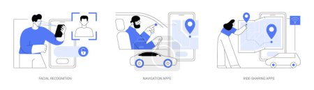 Illustration for Artificial Intelligence applications isolated cartoon vector illustrations set. Unlock smartphone with facial recognition technology, navigation and ride-sharing apps, data transfer vector cartoon. - Royalty Free Image