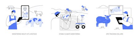 Illustration for Smart farming technologies abstract concept vector illustration set. Monitoring health of livestock, stable climate monitoring, GPS tracking collars, managing farms using IoT abstract metaphor. - Royalty Free Image