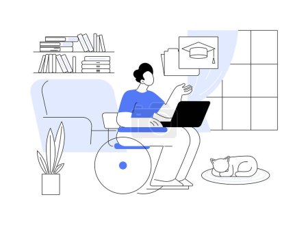 Illustration for Study from home isolated cartoon vector illustrations. Disabled man in wheelchair with laptop studying at home, distance learning, virtual education, flexible schedule vector cartoon. - Royalty Free Image