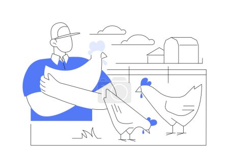 Illustration for Cage-free animal living isolated cartoon vector illustrations. Farmer with chickens in the field, modern agriculture, organic farming industry, poultry farm, ranch activity vector cartoon. - Royalty Free Image