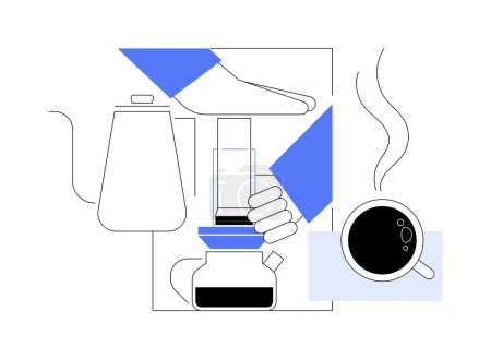 Téléchargez les illustrations : Aeropress coffee isolated cartoon vector illustrations. Barista works with special device, brewing method, going out in cafe, third wave, specialty coffee, small business vector cartoon. - en licence libre de droit