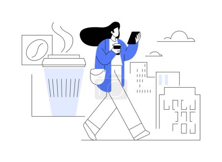 Ilustración de Coffee on the way isolated cartoon vector illustrations. Young woman holding phone, waking and drinking coffee, people lifestyle, on the way to work, morning rituals vector cartoon. - Imagen libre de derechos
