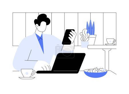 Illustration for Busy lunch time isolated cartoon vector illustrations. Busy man working at business lunch, talking on the phone in a cafe, people lifestyle, eating out in restaurant alone vector cartoon. - Royalty Free Image