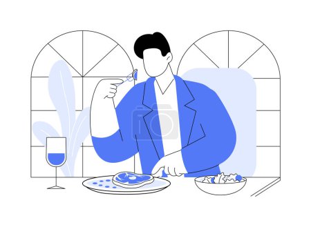 Téléchargez les illustrations : Steak house illustrations vectorielles de dessin animé isolé. L'homme affamé coupe un steak argentin juteux avec un couteau, menu alimentaire, manger dehors, dîner au restaurant, dessin animé vectoriel de viande âgée. - en licence libre de droit