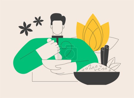 Illustration for Ayurvedic diet abstract concept vector illustration. Medical practice and lifestyle, energy system, digestive power, lose weight and feel better, healthy eating foods plan abstract metaphor. - Royalty Free Image