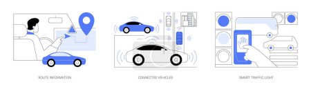 Illustration for Smart city transportation isolated cartoon vector illustrations set. Car driver get real-time route information, online service, connected vehicles technology, smart traffic light vector cartoon. - Royalty Free Image