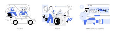 Illustration for Professional racing competition abstract concept vector illustration set. Co-driver, pit stop, broadcasting motorsports, motorsport teamwork, cameraman shooting motor car rally abstract metaphor. - Royalty Free Image