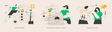 Illustration for Sport healthcare abstract concept vector illustration set. Sport medicine, professional massage therapy, kinesiology taping, pain management, wellness services, bandage application abstract metaphor. - Royalty Free Image