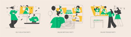 Illustration for Virtual communication abstract concept vector illustration set. Self-isolation party, online birthday, online friends meeting, video call, quarantine fun, coronavirus outbreak abstract metaphor. - Royalty Free Image