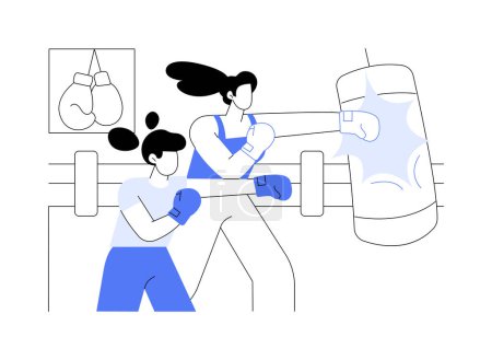 Illustration for Boxing instructor isolated cartoon vector illustrations. Kickboxing instructor training kids in the gym, teaching boys to hit punching bag, healthy lifestyle, physical activity vector cartoon. - Royalty Free Image