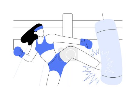 Ilustración de Practice blows isolated cartoon vector illustrations. Young sporty girl practices kickboxing in the gym, training alone, hit punching bag, make blows wearing special gloves vector cartoon. - Imagen libre de derechos