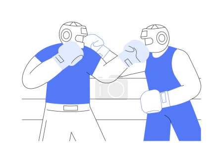 Téléchargez les illustrations : Sparring on the ring isolated cartoon vector illustrations. Strong boys in gloves and helmets have fight on the ring, boxing sparring, professional competition, make blows vector cartoon. - en licence libre de droit