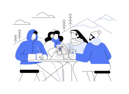 Illustration for Chilling after ride isolated cartoon vector illustrations. Friends enjoy warming drinks after ski ride, winter sports day, outdoor activities, chilling together during vacation vector cartoon. - Royalty Free Image
