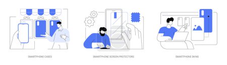 Illustration for Smartphone protection accessories isolated cartoon vector illustrations set. Smartphone cases and screen protectors, custom phone skins, gadgets accessories innovation industry vector cartoon. - Royalty Free Image