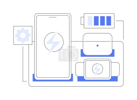 Téléchargez les illustrations : Charging station isolated cartoon vector illustrations. Wireless charger for smart gadgets, innovation mobile technology, dock station for smartphones and smartwatches vector cartoon. - en licence libre de droit