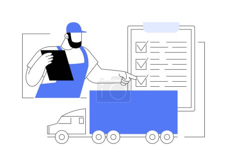Illustration for Final truck quality check abstract concept vector illustration. Factory worker testing truck for quality, car manufacturing, cargo production line, automotive industry abstract metaphor. - Royalty Free Image