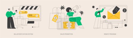 Illustration for Retail sales strategy abstract concept vector illustration set. Seller reputation system, sales promotion, rebate program, advertising campaign, top rated product, discount coupon abstract metaphor. - Royalty Free Image