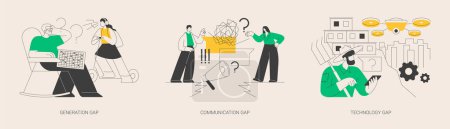 Illustration for People diversity abstract concept vector illustration set. Generation and communication gap, technology gap, society development, information exchange, digital divide, relationship abstract metaphor. - Royalty Free Image