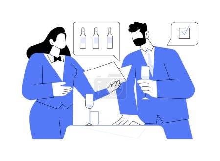 Illustration for Wine suggestions abstract concept vector illustration. Restaurant sommelier showing wine list to a client, service sector, horeca business, professional people, drinking alcohol abstract metaphor. - Royalty Free Image