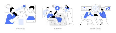 Téléchargez les illustrations : Business coaching isolated cartoon vector illustrations set. Business person talking with personal career coach, group people have conversation with specialist, executive training vector cartoon. - en licence libre de droit