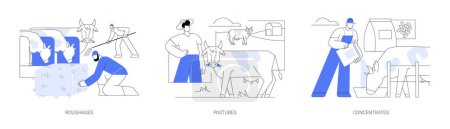 Ilustración de Feeds for livestock isolated cartoon vector illustrations set. Group of farmers with pasture forages, using roughages, cows eating grass in the pasture, feeding with concentrates vector cartoon. - Imagen libre de derechos