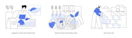 Illustration for Use of fertilizers isolated cartoon vector illustrations set. Chemical crop fertilization, organic production, farmer throwing manure into the ground, natural nutrient, agriculture vector cartoon. - Royalty Free Image