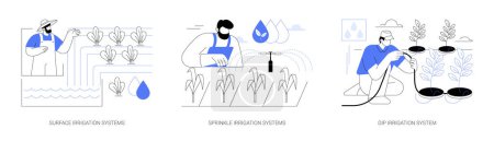 Illustration for Irrigation systems isolated cartoon vector illustrations set. Farmer installs surface sprinkling equipment, automatic dip irrigation, agricultural input sector, agribusiness vector cartoon. - Royalty Free Image