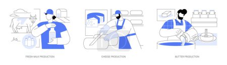 Téléchargez les illustrations : Dairy farming isolated cartoon vector illustrations set. Farmer holding bottle with fresh milk, making cheese at farm, butter production, secondary product, agribusiness, farming vector cartoon. - en licence libre de droit