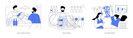 Illustration for In a pub isolated cartoon vector illustrations set. Craft beer choice, brewery specialist talk to customer, bartender holding glass, cheerful diverse friends play darts in pub vector cartoon. - Royalty Free Image
