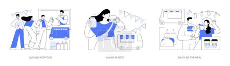 Illustration for Food festival isolated cartoon vector illustrations set. Diverse people queuing up for meal near truck, fast street food, girl eating out tasty burger, enjoying the meal out together vector cartoon. - Royalty Free Image