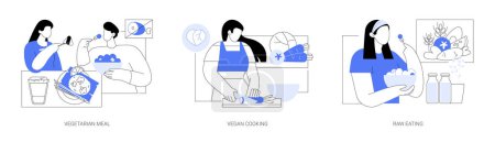 Illustration for Nutrition plan isolated cartoon vector illustrations set. People sharing vegetarian food, sporty girl cooking vegan dish in the kitchen, smiling woman eating raw vegetable salad vector cartoon. - Royalty Free Image