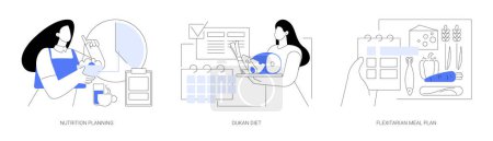 Illustration for Nutrition planning isolated cartoon vector illustrations set. Intermittent fasting, woman eating and looking at watch, Dukan diet, protein-rich meal, flexitarian plan, food variety vector cartoon. - Royalty Free Image