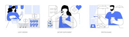 Illustration for Nutrition supplements isolated cartoon vector illustrations set. Woman buying leafy greens in the supermarket, dietary supplement, girl takes vitamins, man makes protein cocktail vector cartoon. - Royalty Free Image