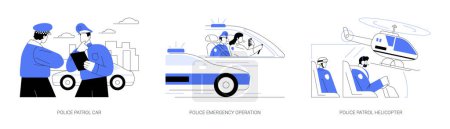 Illustration for Police officers abstract concept vector illustration set. Police patrol car, emergency operation, patrol helicopter, border guard station, military service, defense forces abstract metaphor. - Royalty Free Image