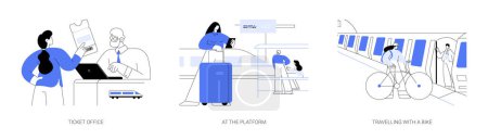 Illustration for Train station abstract concept vector illustration set. Ticket office, passengers waiting at the platform for train arrival, travelling with a bike, urban transportation service abstract metaphor. - Royalty Free Image